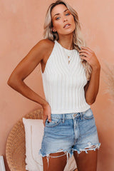 Women's Fashion Solid Color Tank Top Knitted Halter Neck Vest Sleeveless Top Sai Feel