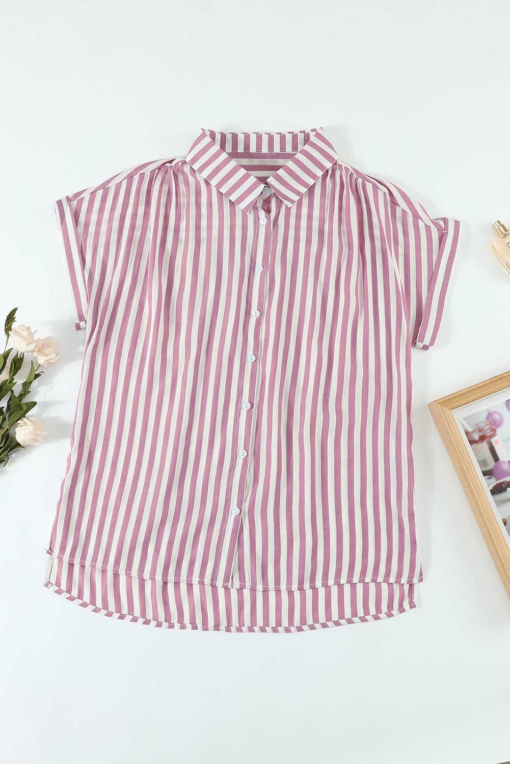 Women's Fashion Stripe Print Shirt Short Sleeve Button Down Loose Lightweight Blouse Top Sai Feel