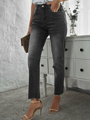 Women's Fashion Washed Frayed Denim Pants Button Zipper Straight Leg Pockets Basic Jeans Sai Feel