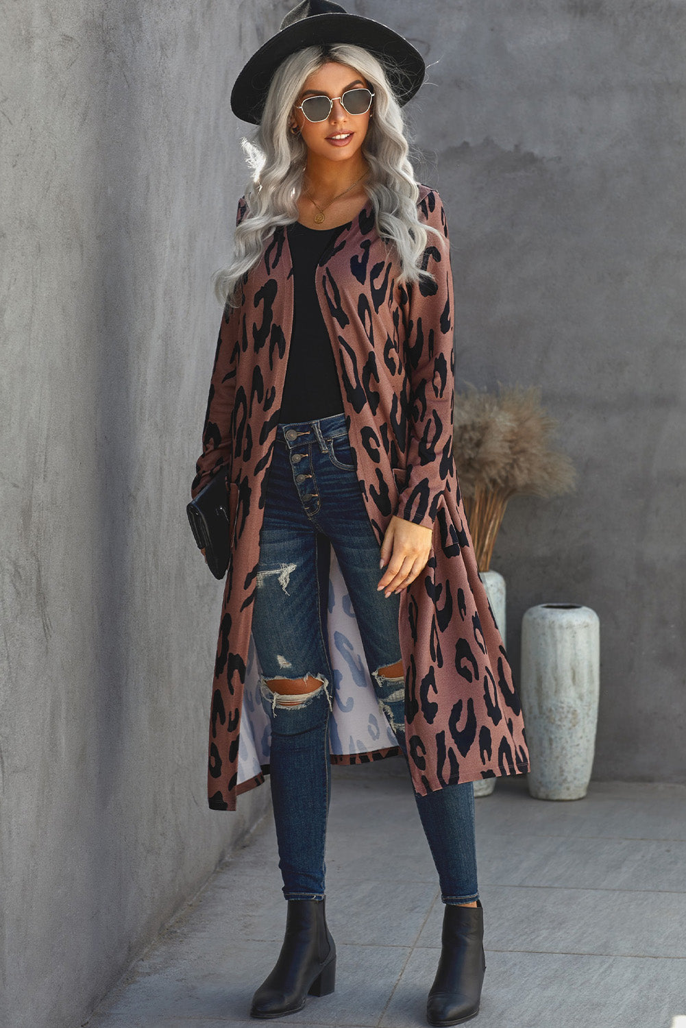 Women's Fashion knee Length Knitwear Long Sleeve Leopard Print Cardigan Sai Feel