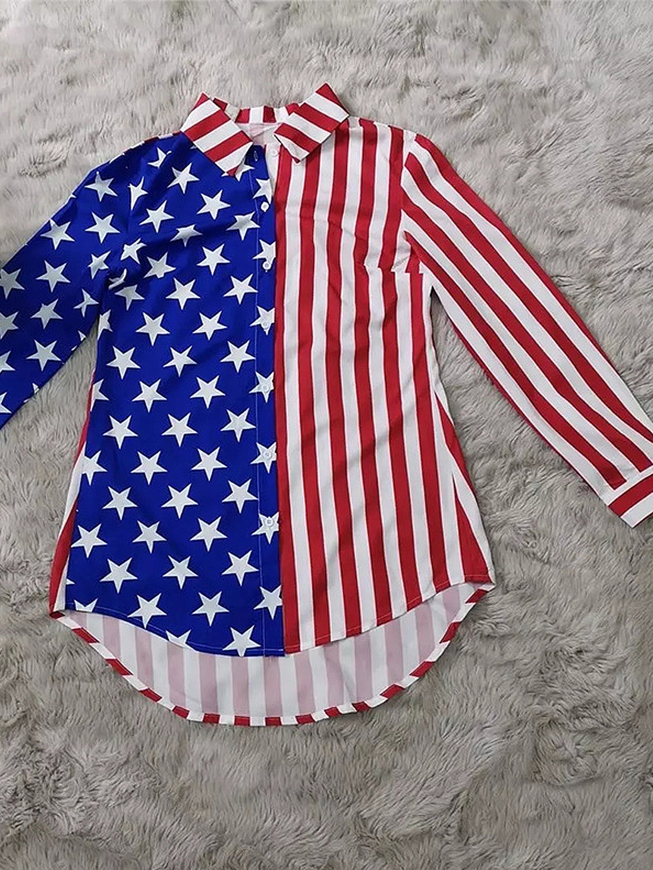 Women's Flag Print Casual Long Sleeve Blouse Buttoned Lapel Shirts Sai Feel