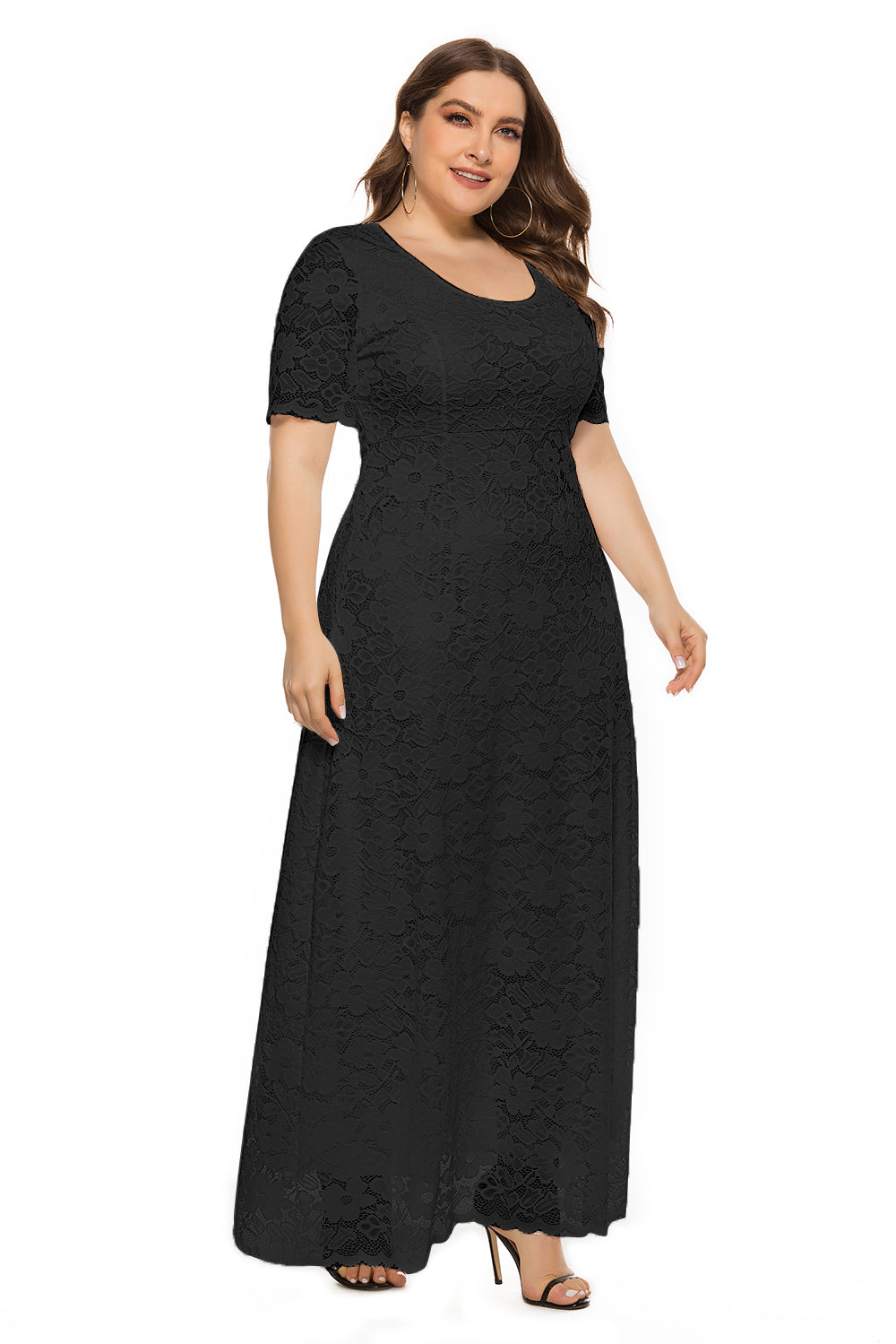 Women's Floral Lace Short Sleeve Plus Size Round neck Lace Dress Black Sai Feel