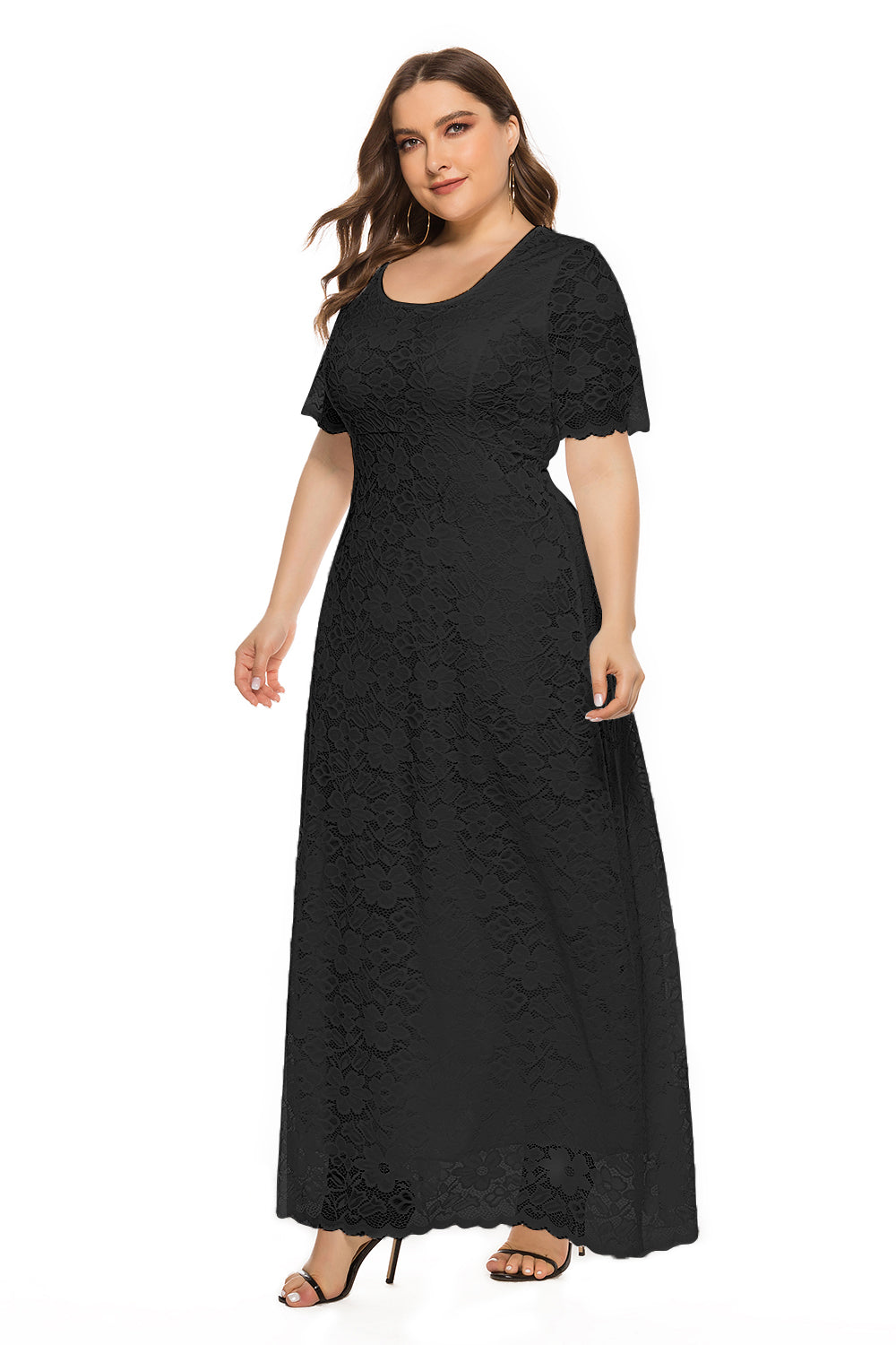 Women's Floral Lace Short Sleeve Plus Size Round neck Lace Dress Black Sai Feel