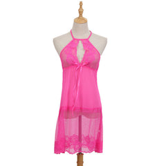 Women's Front Opening Lace Halter Lingerie Sling Slip Sleepwear Underwear Soft Nightgown Mini Dress with G-String Sai Feel