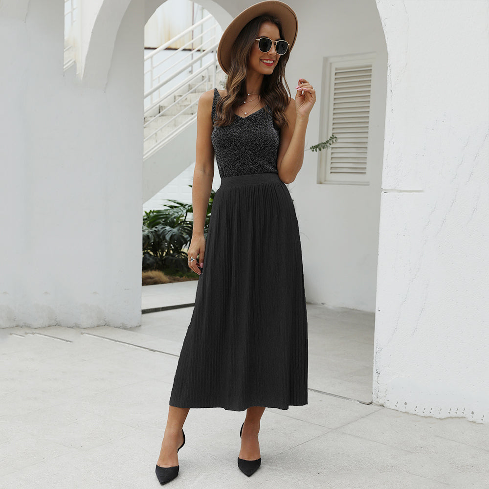 Women's Half Skirt Midwaist Pure Color Pleated Skirt Slimming A-line Skirt Sai Feel