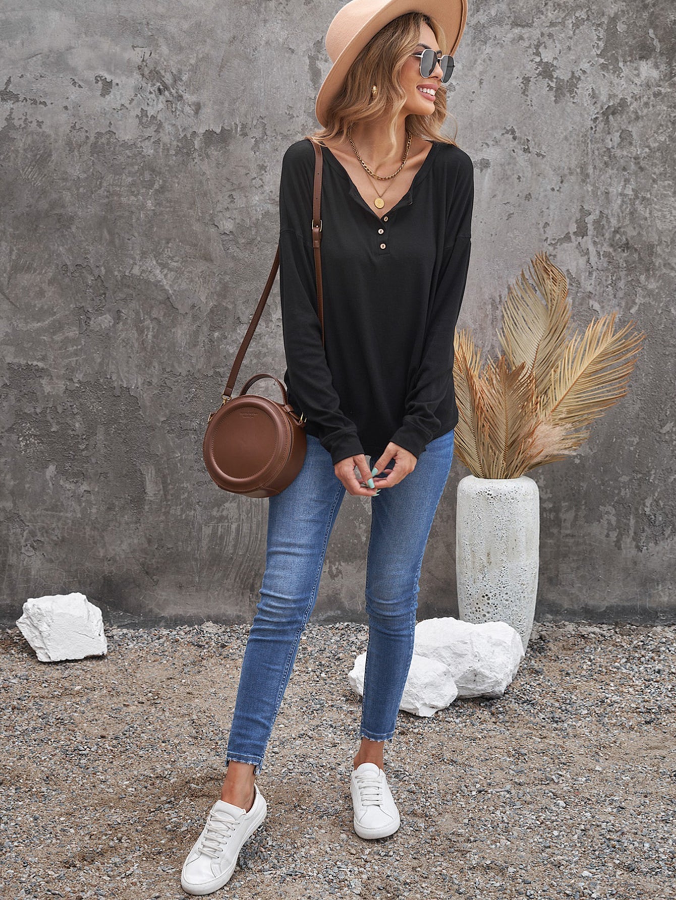 Women's Henley Sweatshirt Buttons Down Long Sleeve Shirt Loose Fit Pullover Solid Color Tops Sai Feel