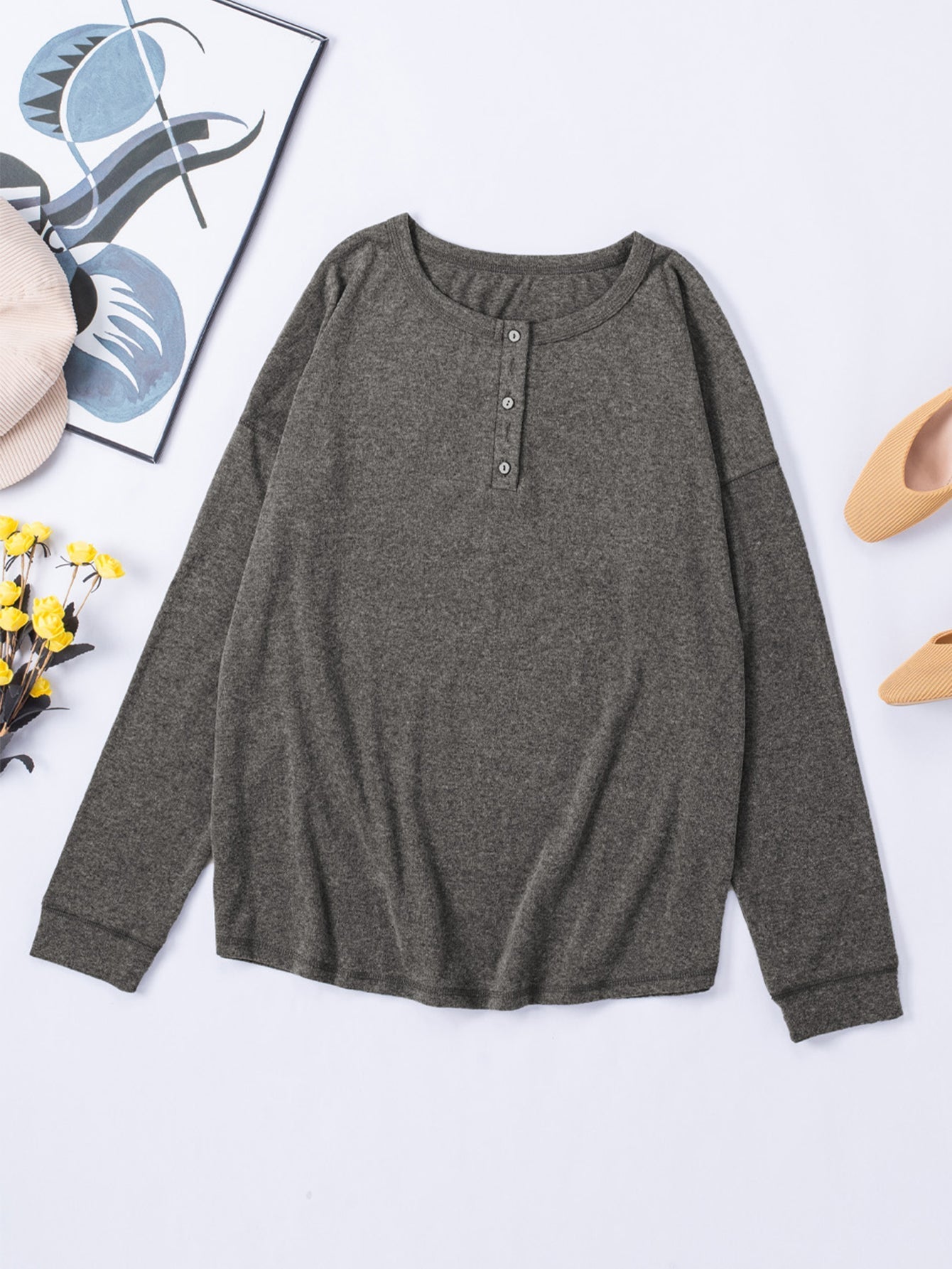 Women's Henley Sweatshirt Buttons Down Long Sleeve Shirt Loose Fit Pullover Solid Color Tops Sai Feel