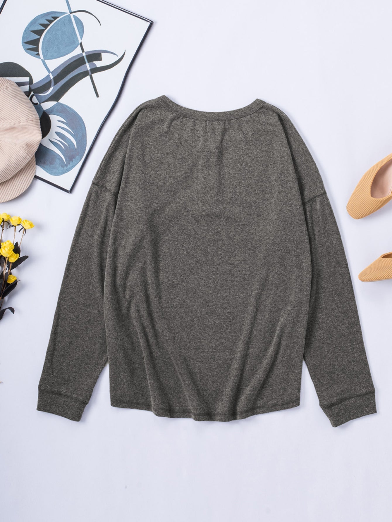 Women's Henley Sweatshirt Buttons Down Long Sleeve Shirt Loose Fit Pullover Solid Color Tops Sai Feel
