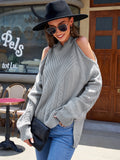 Women's High Neck Long Sleeve Sweaters Fashion Cold Shoulder Solid Color Casual Pullover Top Sai Feel