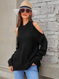 Women's High Neck Long Sleeve Sweaters Fashion Cold Shoulder Solid Color Casual Pullover Top Sai Feel