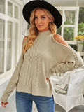 Women's High Neck Long Sleeve Sweaters Fashion Cold Shoulder Solid Color Casual Pullover Top Sai Feel