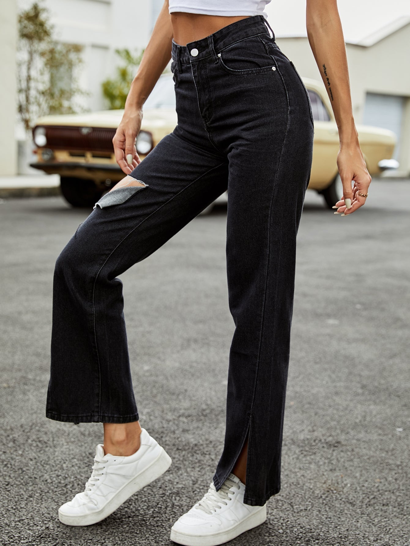 Women's High Waist Black Denim Ripped  Jeans Trousers Sai Feel