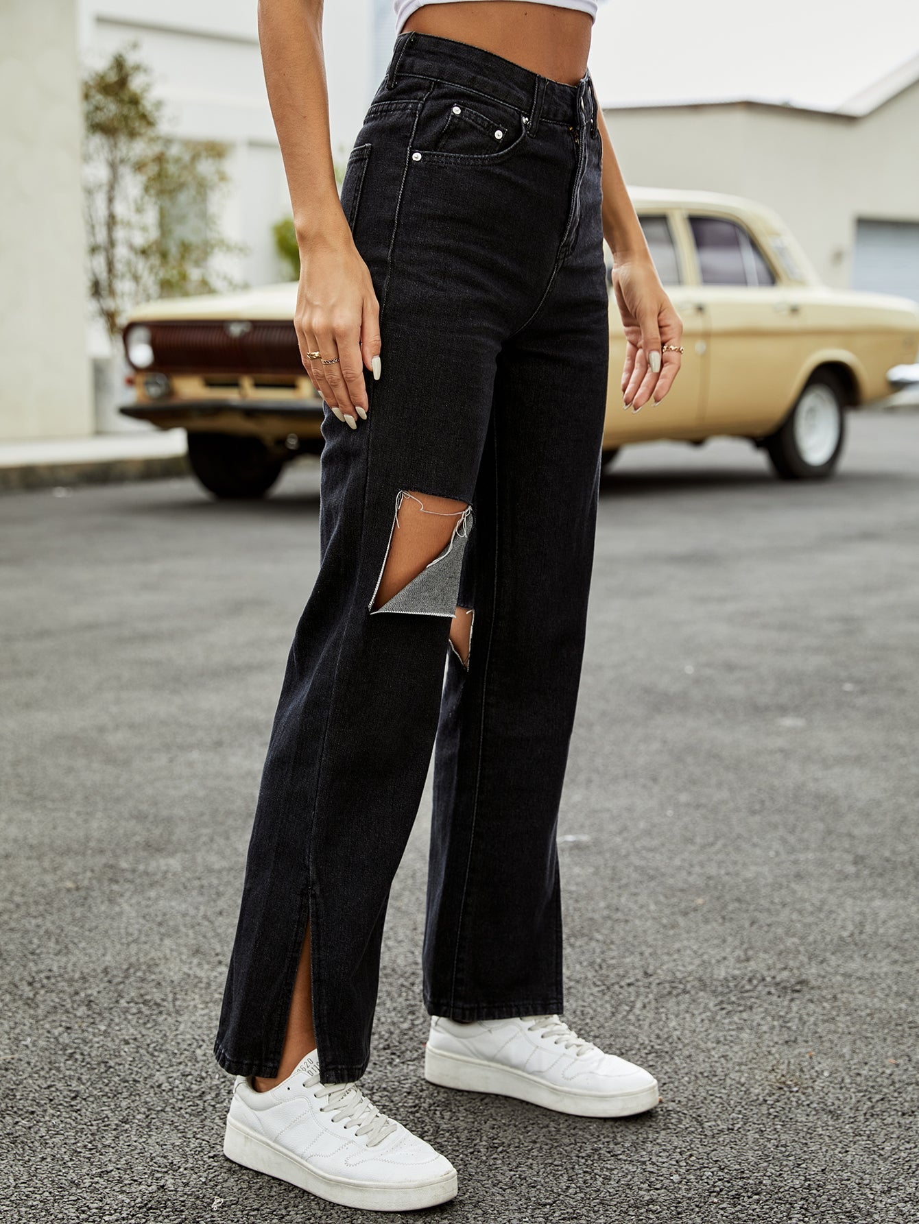 Women's High Waist Black Denim Ripped  Jeans Trousers Sai Feel