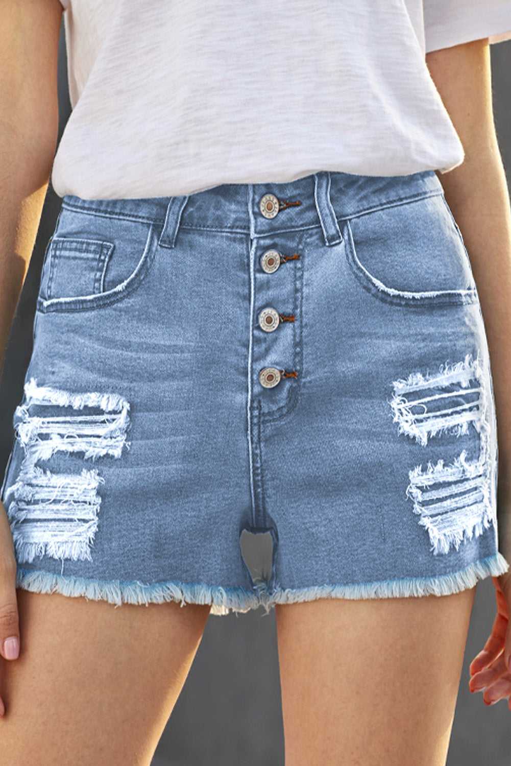 Women's High Waist Jean Shorts Button-fly Pockets Raw Hem Distressed Summer Denim Shorts Sai Feel