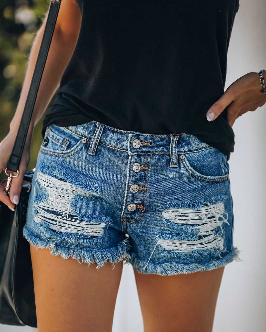 Women's High Waist Jean Shorts Button-fly Pockets Raw Hem Distressed Summer Denim Shorts Sai Feel
