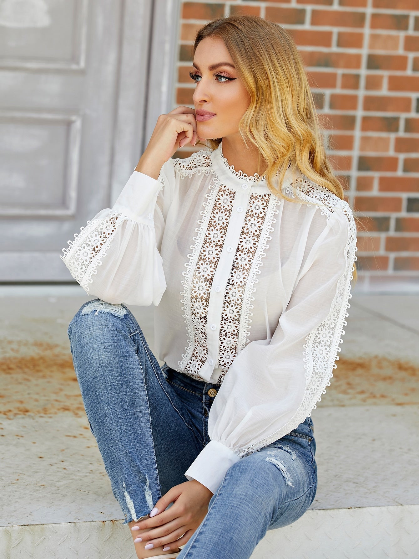 Women's Hollow Stitching Top Sexy Lace Cardigan Sai Feel