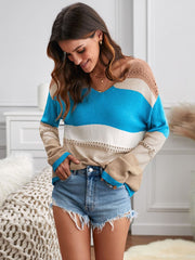 Women's Knit Jumper Striped V Neck Short Sleeve Tops Casual Loose Blouse Shirts Sai Feel