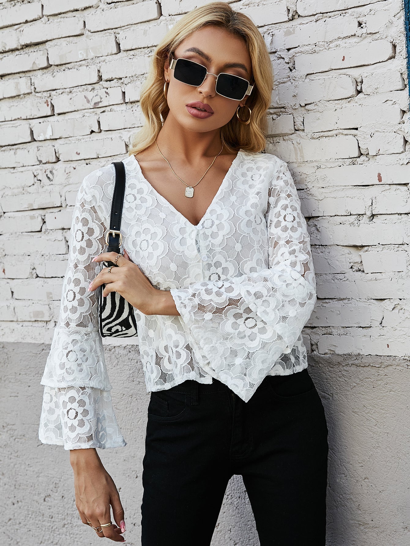 Women's Lace Stitching Hollow Long Flare sleeved  Shirt Sai Feel