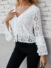 Women's Lace Stitching Hollow Long Flare sleeved  Shirt Sai Feel