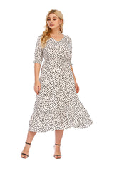 Women's Large Size Buttoned Short Sleeve Printed Midi Dress Sai Feel