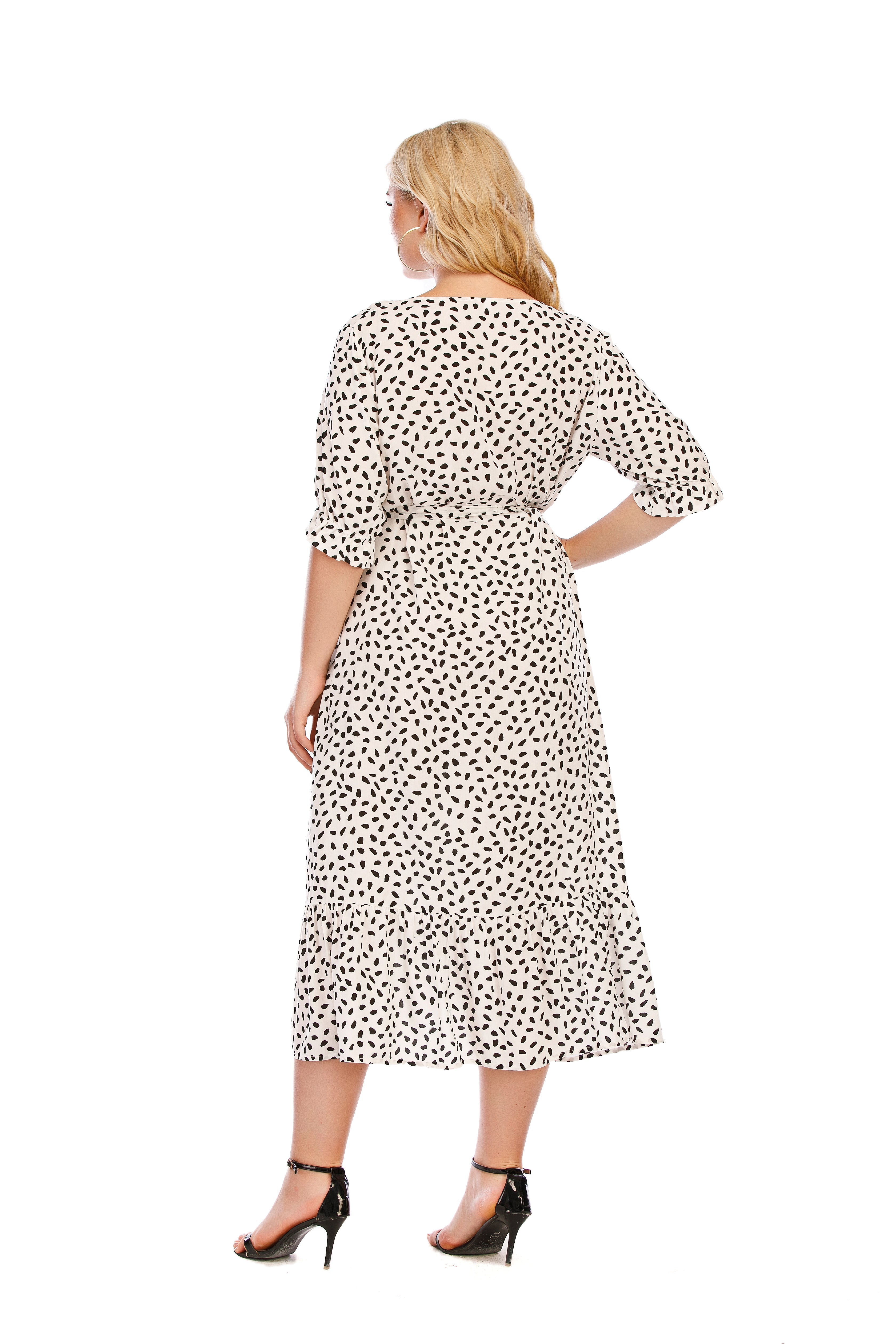 Women's Large Size Buttoned Short Sleeve Printed Midi Dress Sai Feel