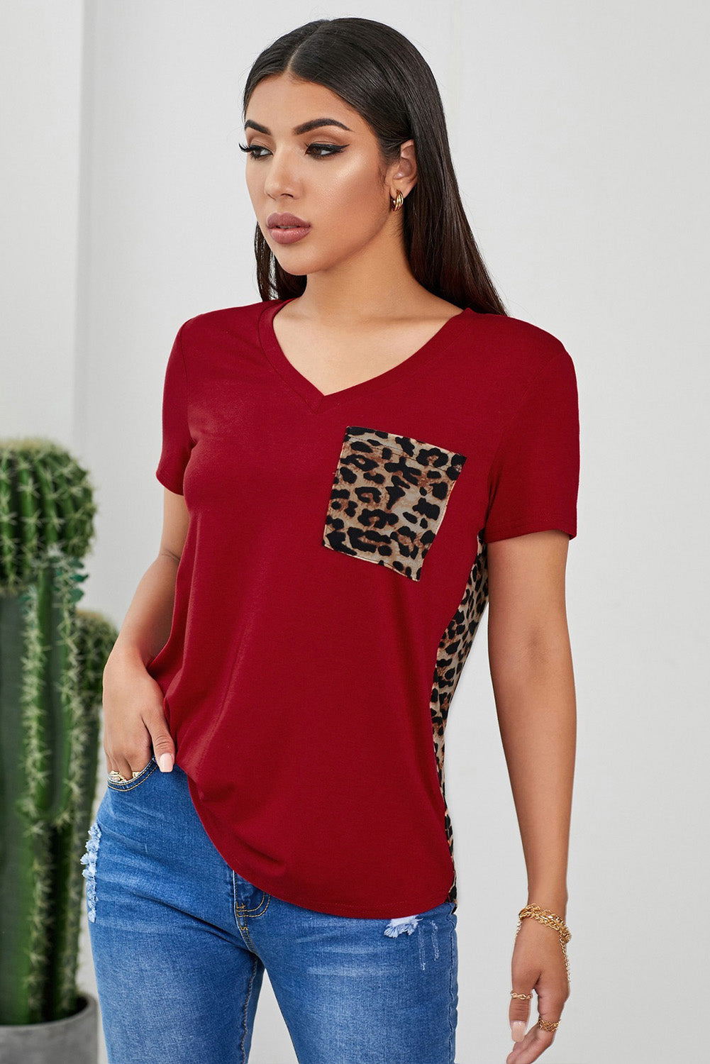 Women's Leopard Printed Splicing Short Sleeve T-Shirt Pocket Blouse Sai Feel