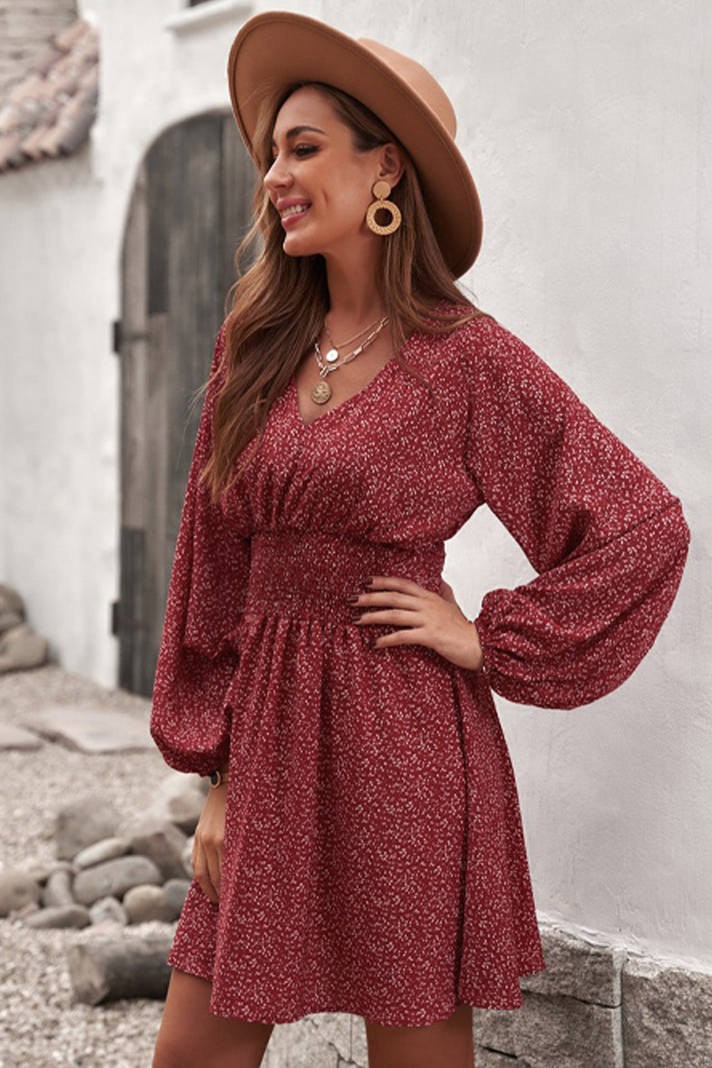 Women's Long Sleeve Casual Mini Dress Print Ruffled Tie Waist Dress V