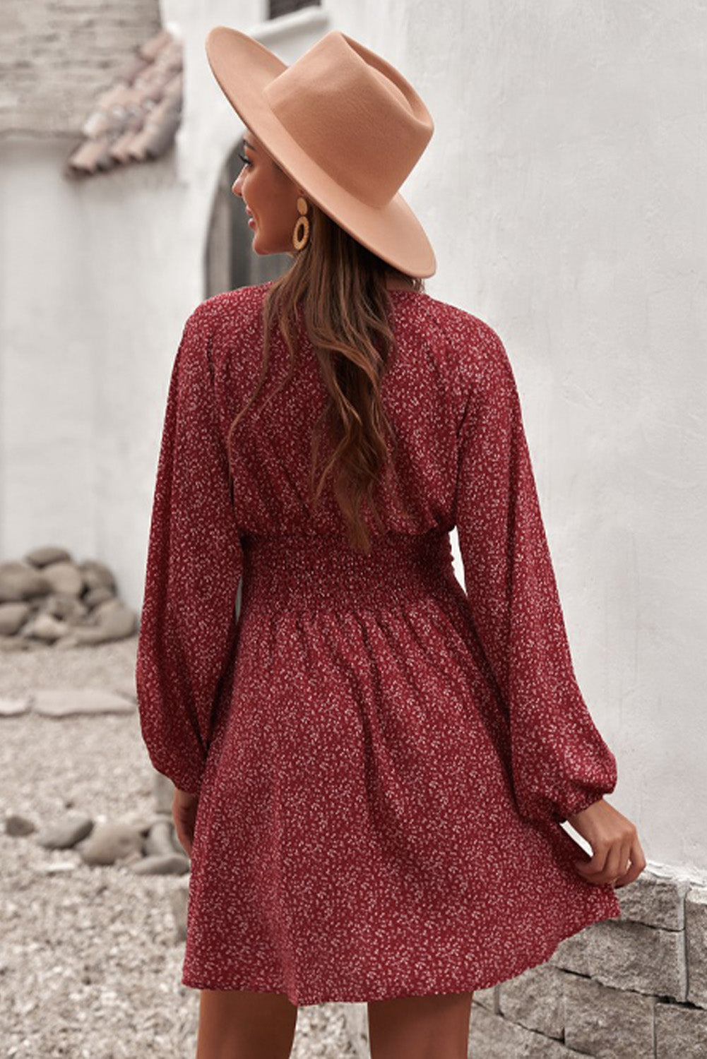 Women's Long Sleeve Casual Mini Dress Print Ruffled Tie Waist Dress V
