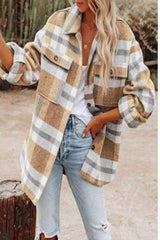 Women's Long Sleeve Loose Woolen Plaid Shirt Jacket Sai Feel