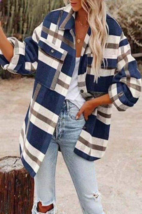 Women's Long Sleeve Loose Woolen Plaid Shirt Jacket Sai Feel