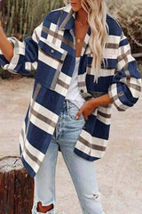 Women's Long Sleeve Loose Woolen Plaid Shirt Jacket Sai Feel