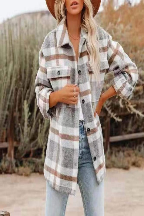 Women's Long Sleeve Loose Woolen Plaid Shirt Jacket Sai Feel