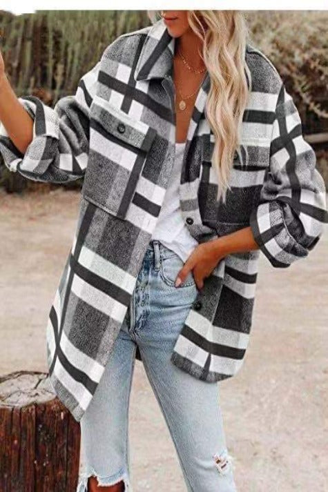 Women's Long Sleeve Loose Woolen Plaid Shirt Jacket Sai Feel