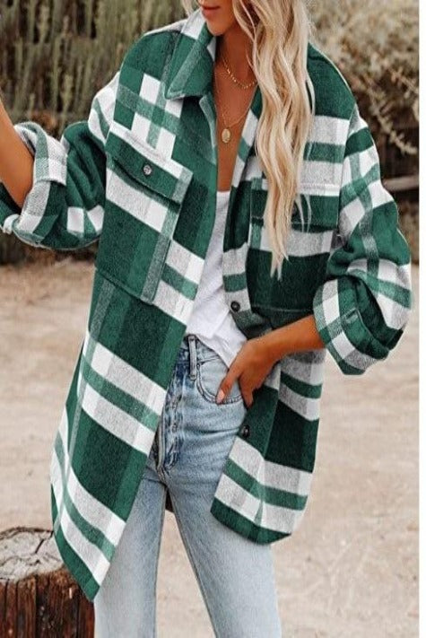 Women's Long Sleeve Loose Woolen Plaid Shirt Jacket Sai Feel