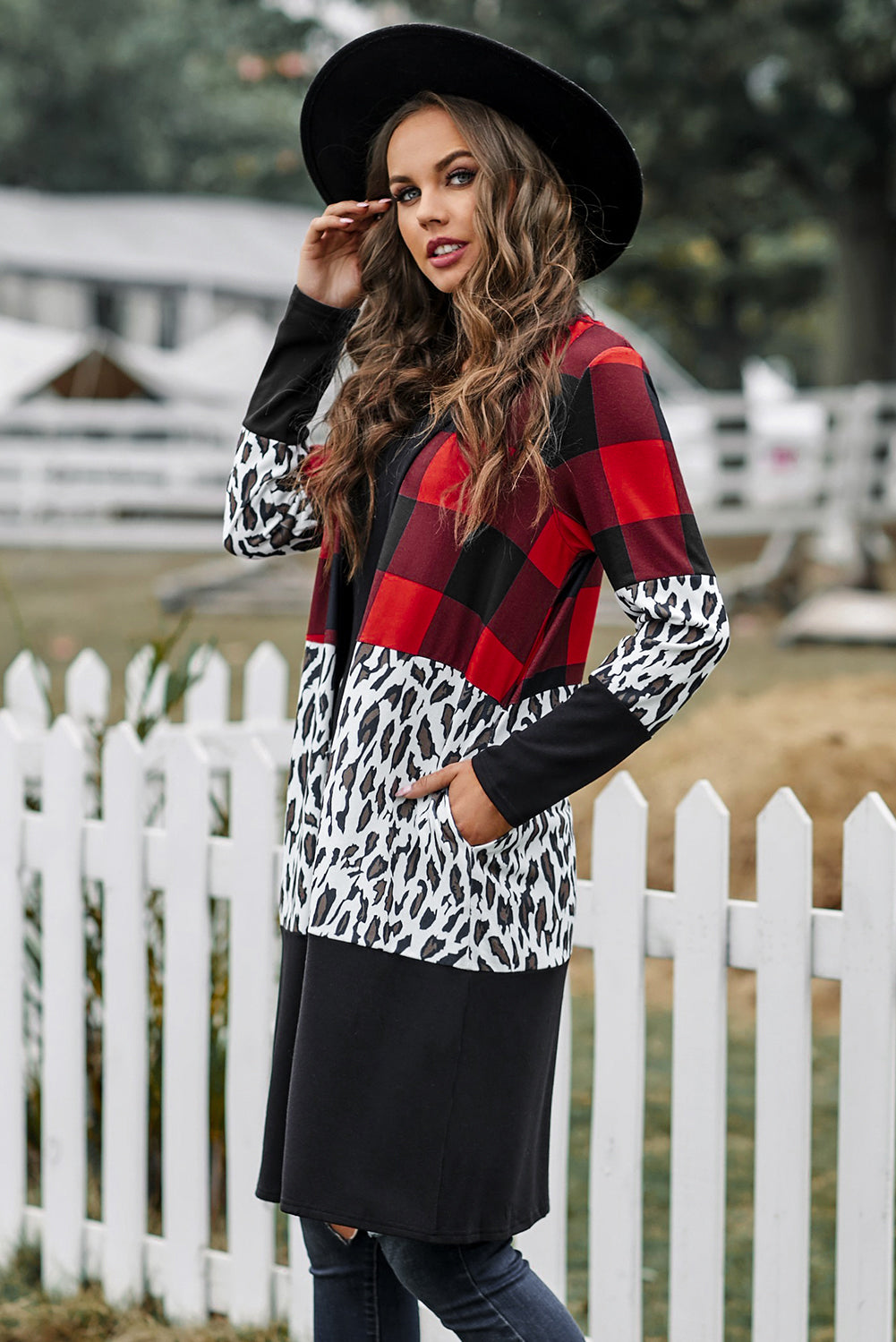 Women's Long Sleeve Open Front Cover Up Leopard Print Splicing Plaid Cardigan Casual Outerwear Sai Feel