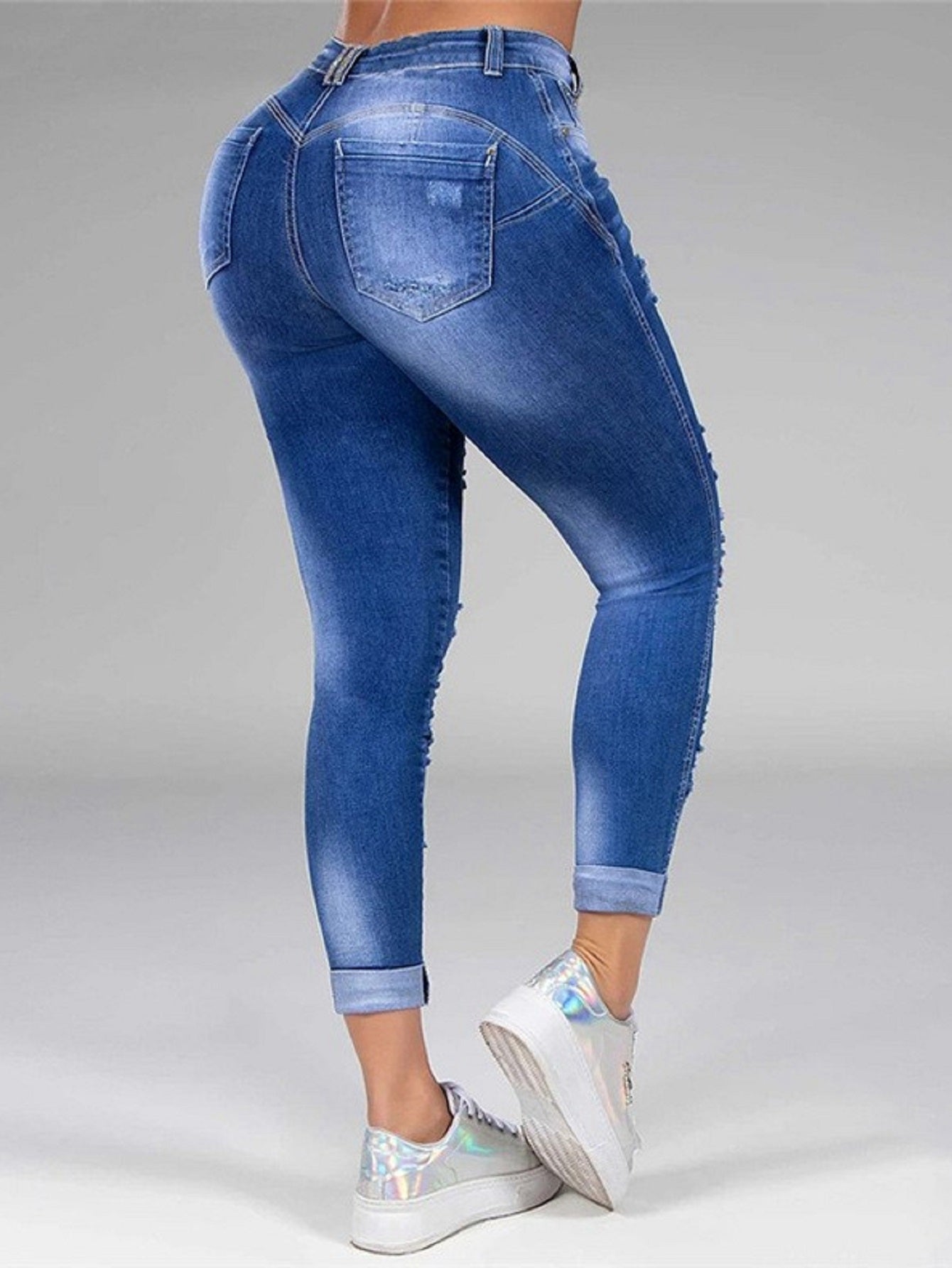 Women's Middle Waist Pencil  Ripped Denim Pants Lady Long Skinny Slim Jeans Trousers Sai Feel