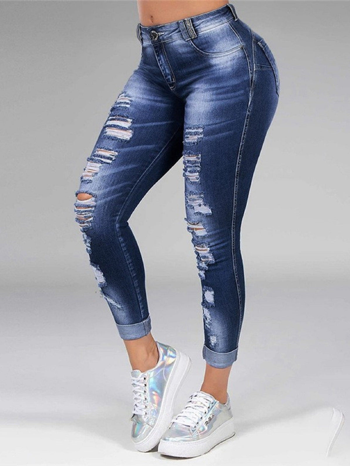 Women's Middle Waist Pencil  Ripped Denim Pants Lady Long Skinny Slim Jeans Trousers Sai Feel