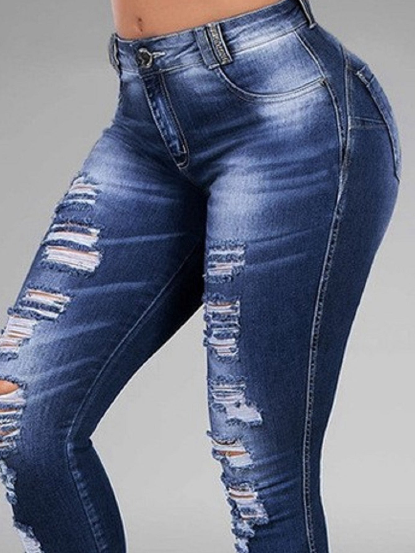 Women's Middle Waist Pencil  Ripped Denim Pants Lady Long Skinny Slim Jeans Trousers Sai Feel