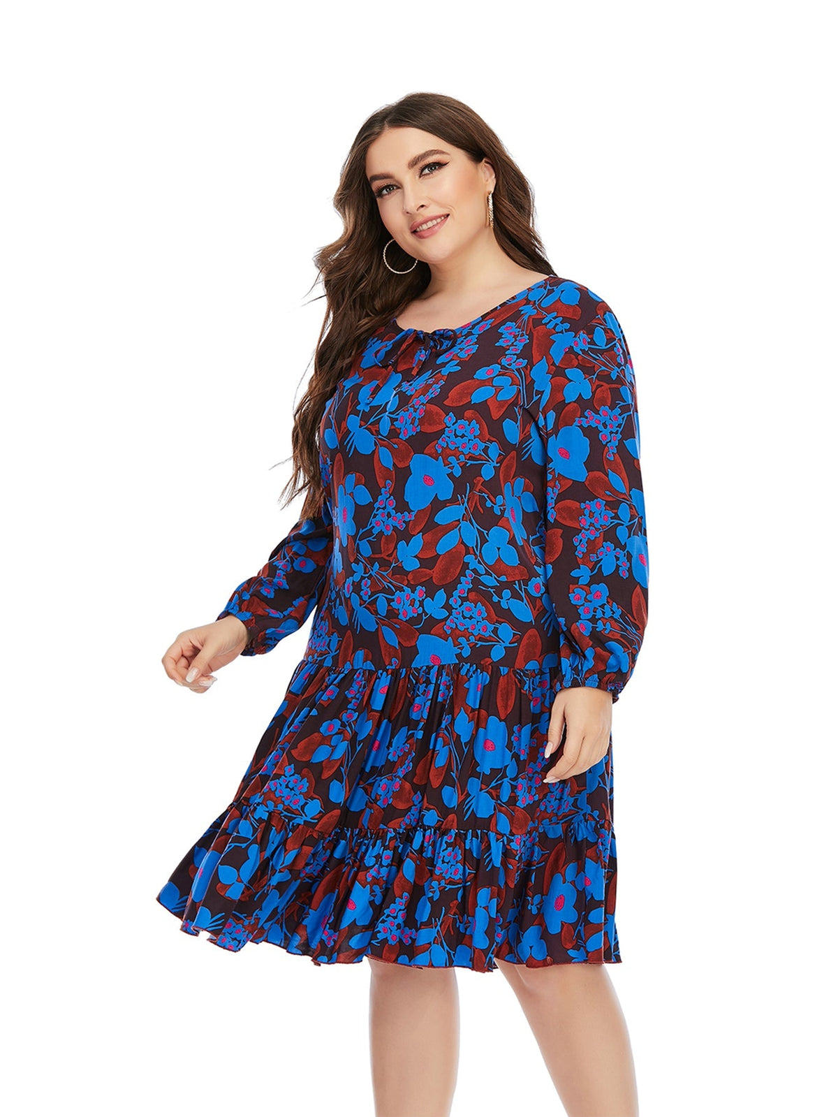 Women's New Plus Size Round Neck Lantern Sleeve Over-the-Knee Dress Mini Dress Sai Feel