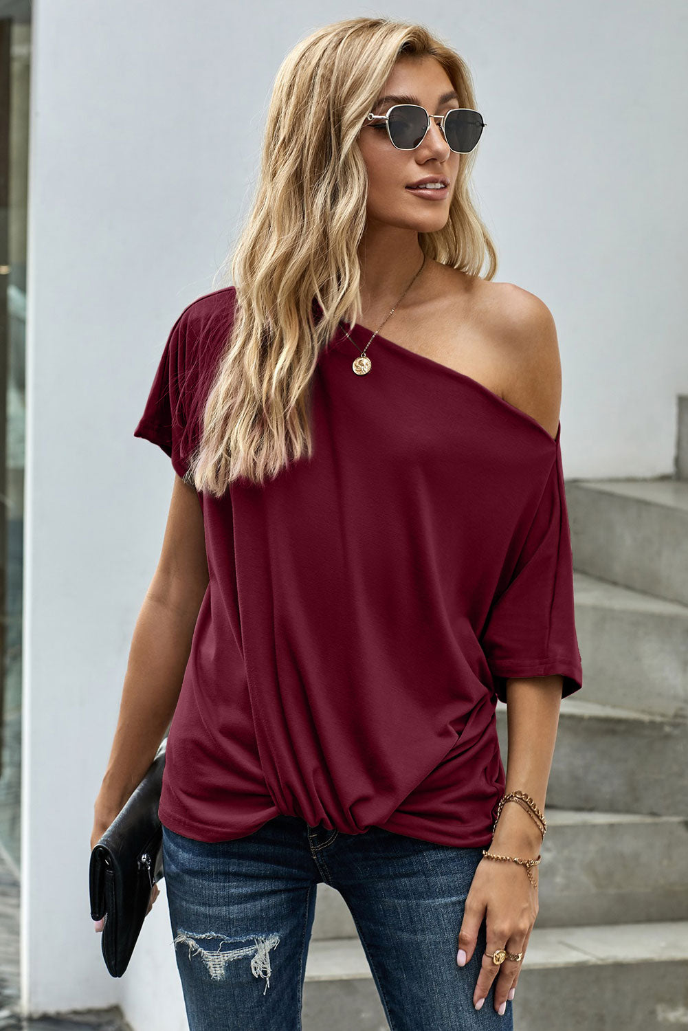 Women's One Cold Shoulder Short Sleeve T Shirts Baggy Ladies Solid Color Tunic Tops Blouse Sai Feel