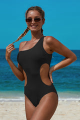Women's One Shoulder One Piece Swimsuit Solid Color Cutout Swimwear Slim Fit Sexy Bathing Suit Bikini Sai Feel