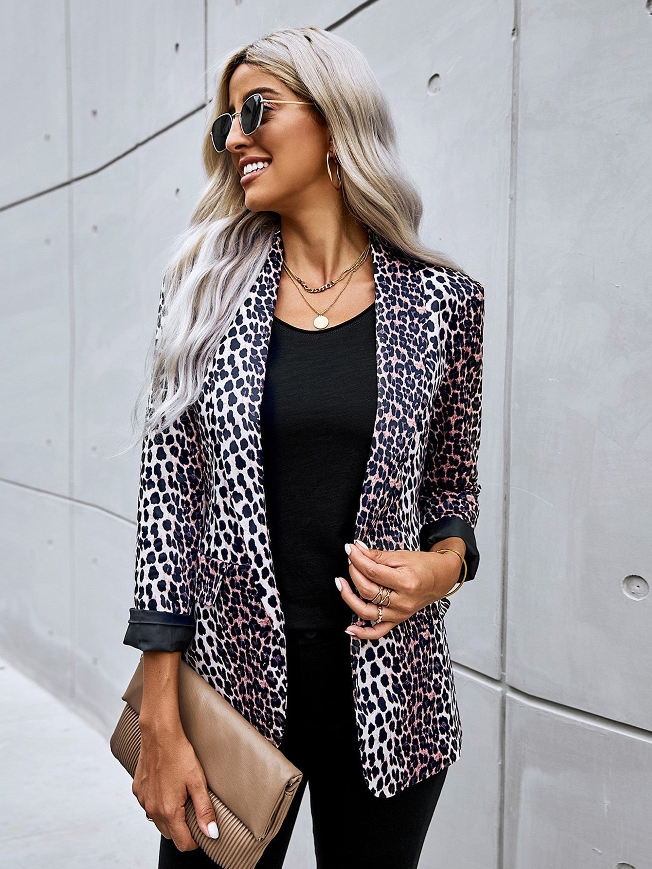 Women's Open Front Long Sleeve Leopard Blazer Suit Fashion Casual Coat Sai Feel