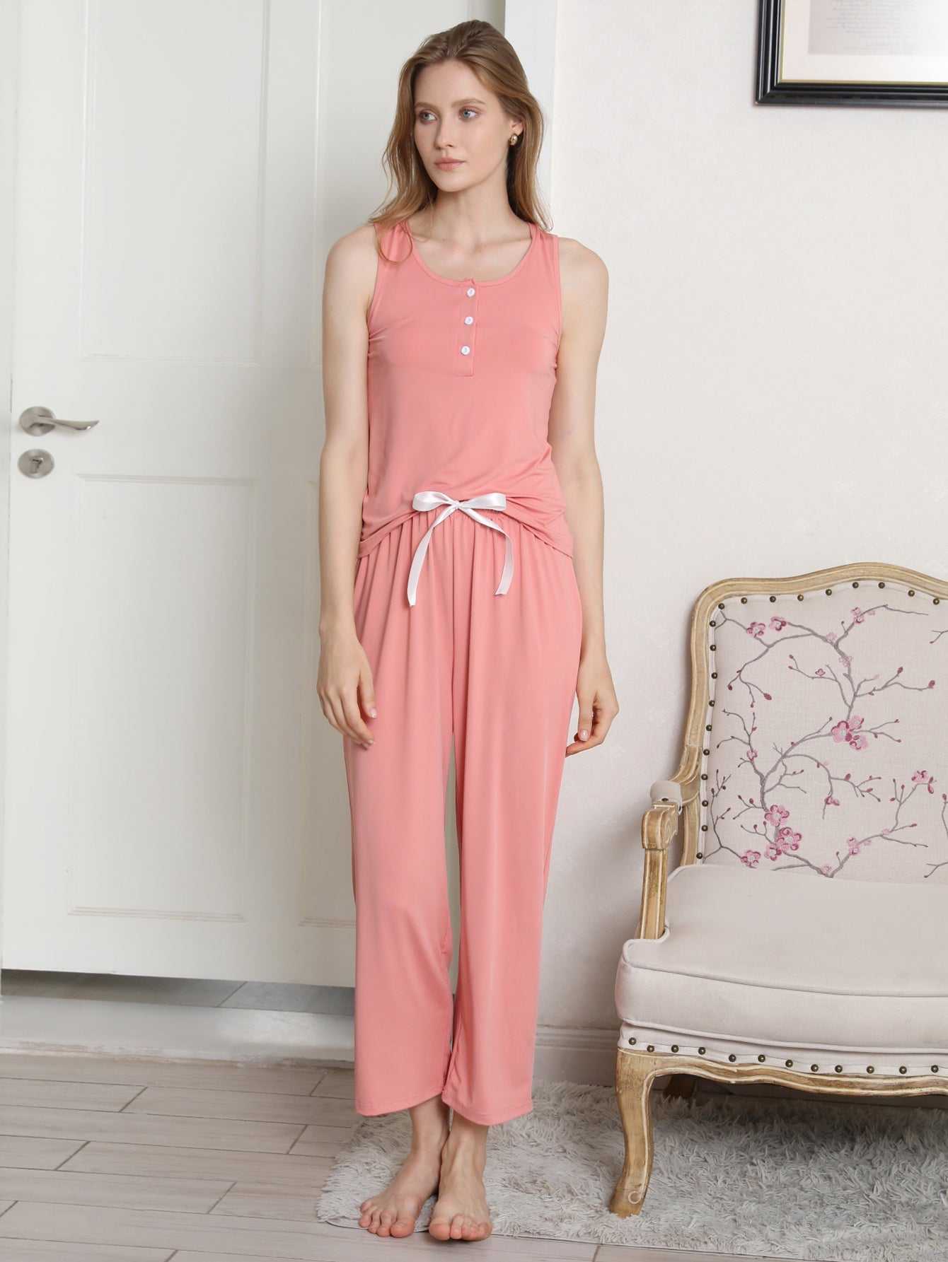 Women's Pajama Sport Set Sleeveless Sleepwear Tank Top with Pants Soft Pj Set Sleepwear Sai Feel