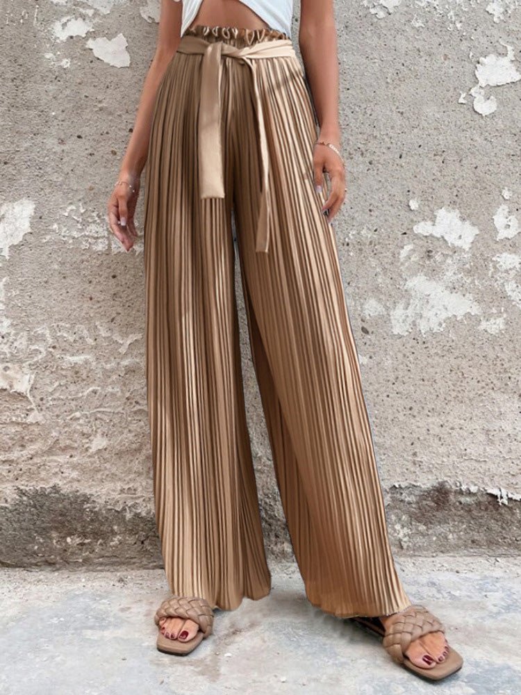 Women's Pants Pleated Tie High Waist Straight Wide Leg Pants Sai Feel