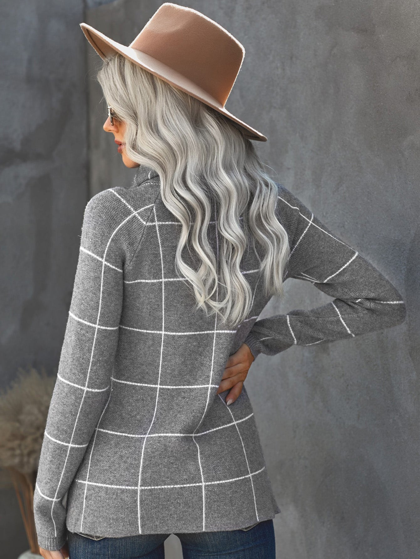 Women's Plaid Button Down Turtleneck Knit Sweater Casual Long Sleeve Irregular Hemline Pullover Tops Knitwear Sai Feel