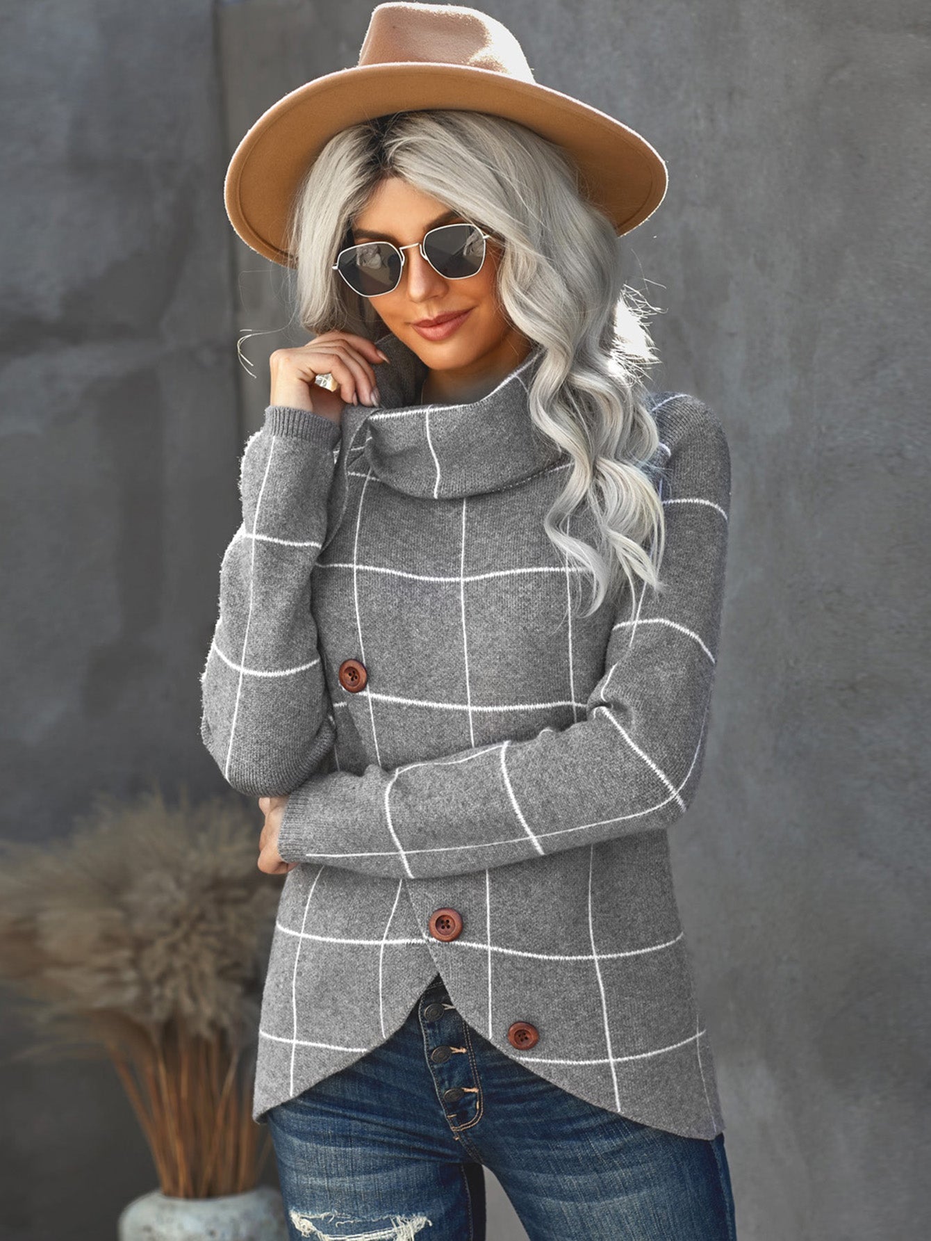 Women's Plaid Button Down Turtleneck Knit Sweater Casual Long Sleeve Irregular Hemline Pullover Tops Knitwear Sai Feel