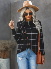 Women's Plaid Button Down Turtleneck Knit Sweater Casual Long Sleeve Irregular Hemline Pullover Tops Knitwear Sai Feel