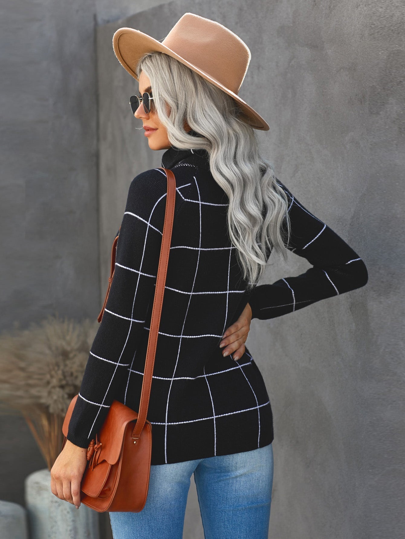 Women's Plaid Button Down Turtleneck Knit Sweater Casual Long Sleeve Irregular Hemline Pullover Tops Knitwear Sai Feel