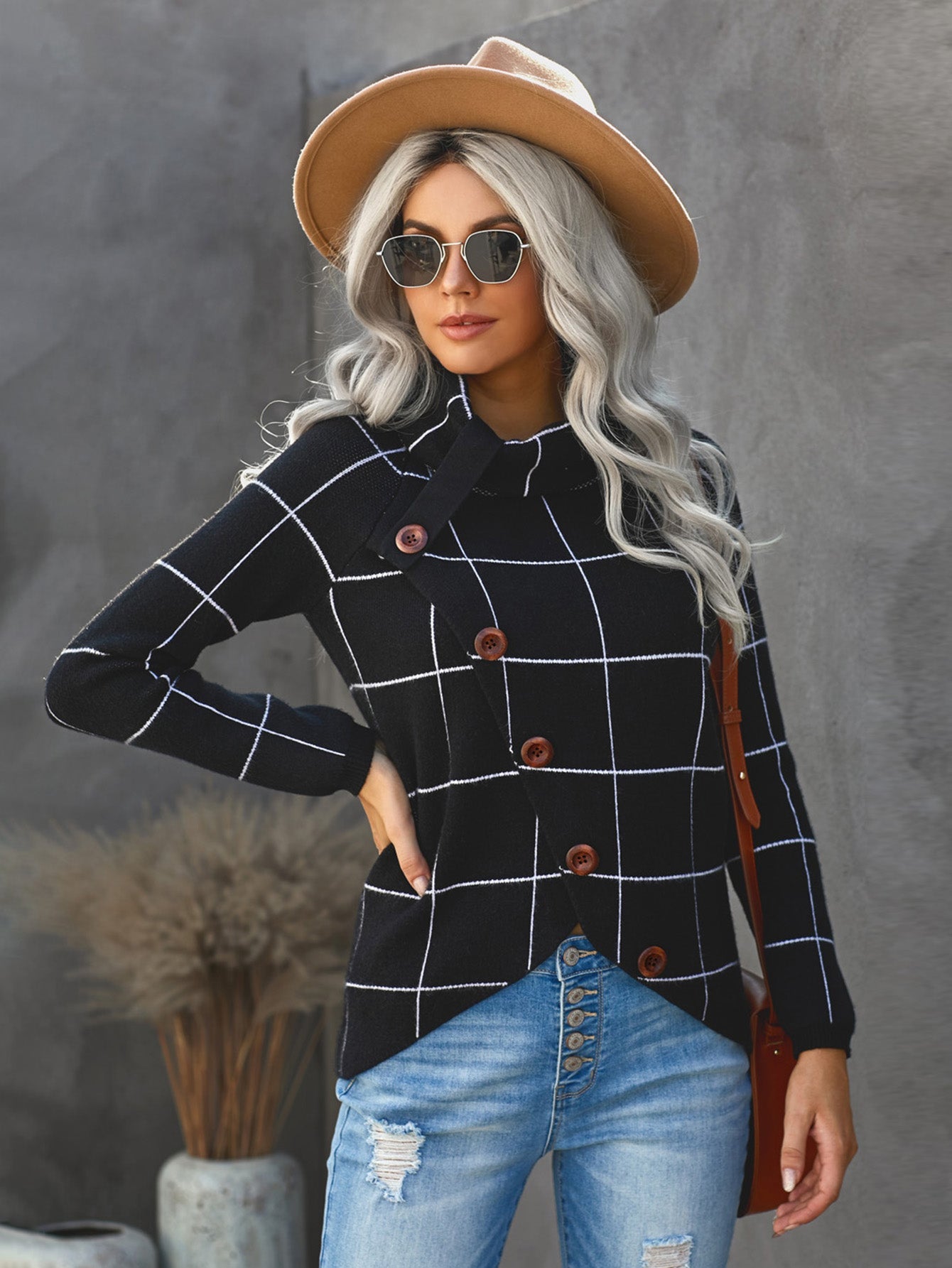 Women's Plaid Button Down Turtleneck Knit Sweater Casual Long Sleeve Irregular Hemline Pullover Tops Knitwear Sai Feel