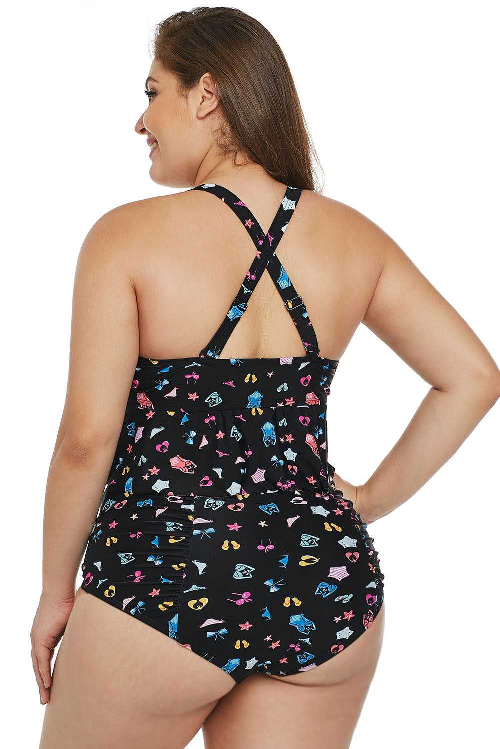 Women's Plus Size 2 Piece Bathing Suit V-Neck Back Cross Flare Hem Top High Waist Tankini Swimwear Sai Feel